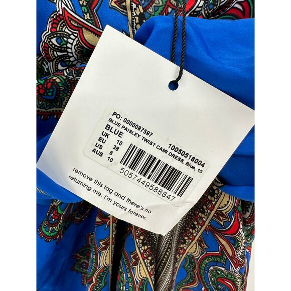 Missguided Blue Paisley Print Twist Front Cami Tank Dress Women's Size 6 NWT - Picture 9 of 13
